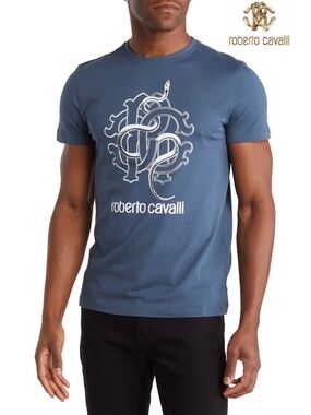 ROBERTO CAVALLI SNAKE GRAPHIC CREW NECK NAVY COTTON TEE. SIZE XL